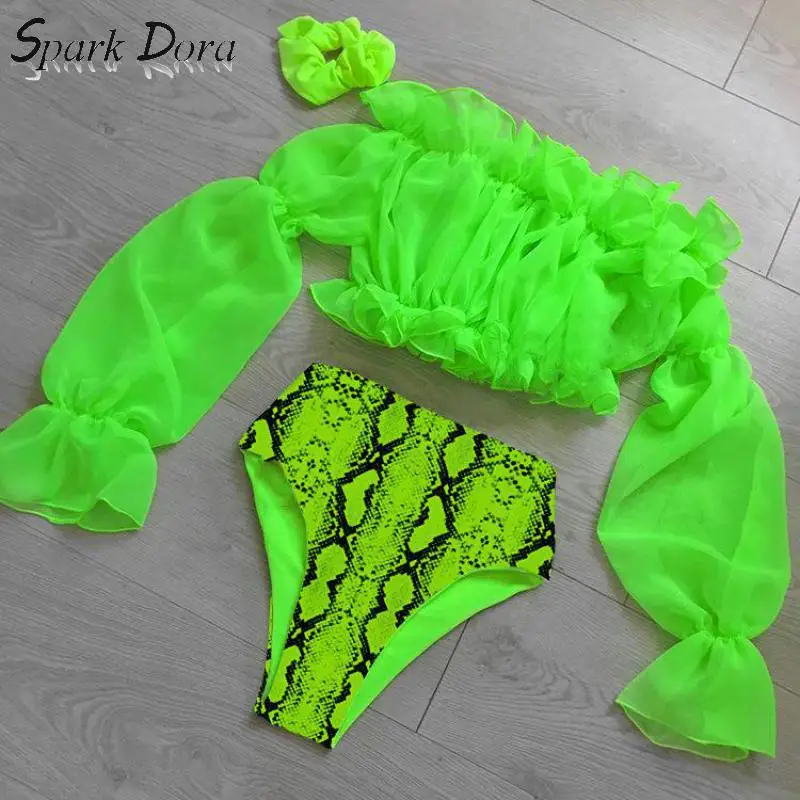 SparkDora 2020 Chiffon Long Sleeve Lace Bikini Snake Sexy Swimwear Split Swimwear set padded bra ladies bandeau bathing suit SparkDora 2020 Chiffon Long Sleeve Lace Bikini Snake Sexy Swimwear Split Swimwear set padded bra ladies bandeau bathing suit