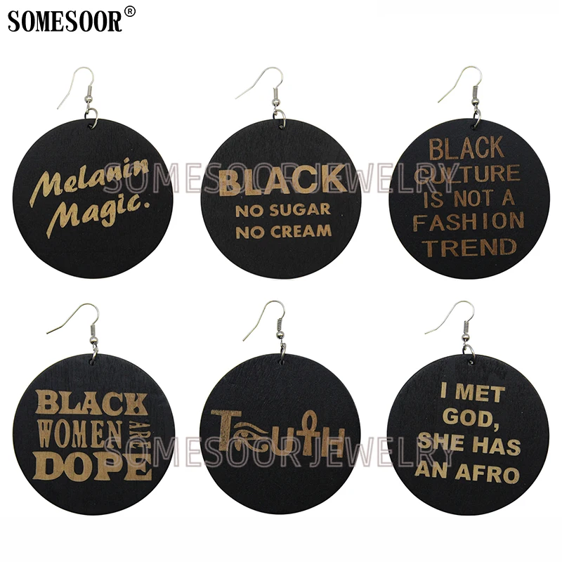 

SOMESOOR Jewelry Laser Cutting Inscription Melanin Magic Wooden African Style Drop Earrings For Black Women Gifts