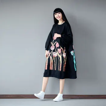 

Fashion 2020 new large-size loose-fitting medium length hoodie with round neck printed pullover dress