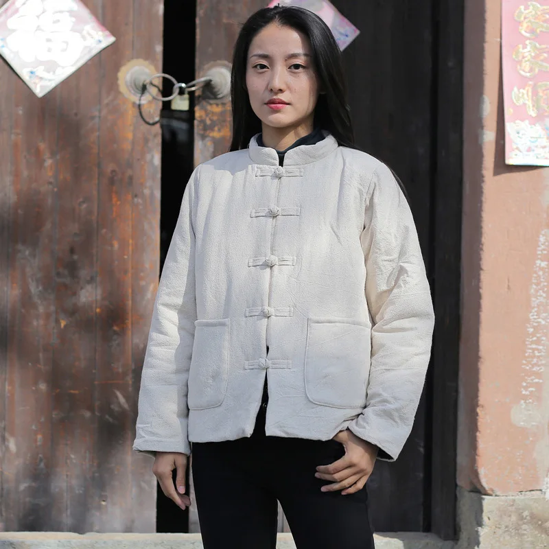 Linen Johnature, женские парки в китайском стиле, хлопок, лен, винтажное пальто со стоячим воротником, длинный рукав, на пуговицах, зима, Новые однотонные свободные парки - Цвет: Linen