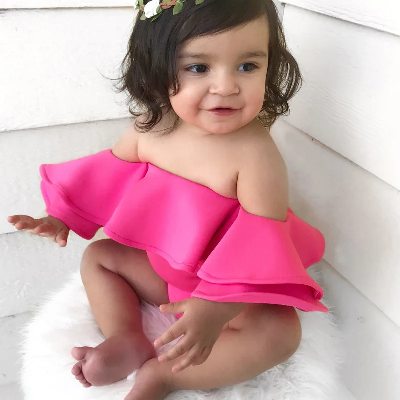 

Ins Explosion Models Climbing Clothes Infants Off-the-shoulder Tide Fan Conjoined Clothes Baby Girls Solid Full Moon Outfit