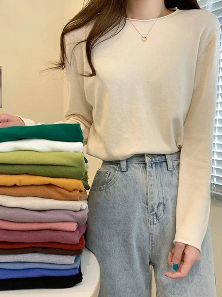 Однотонная трикотажная женская одежда на весну и осень зиму рубашка с внутренним