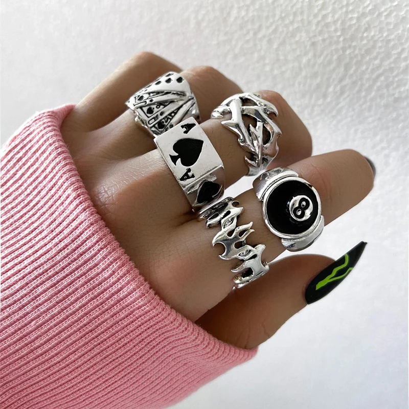 Punk Gothic Black Heart Ring Set for Women Dice Vintage Spades Ace Silver Color Plated Retro Rhinestone Billiards Finger Jewelry