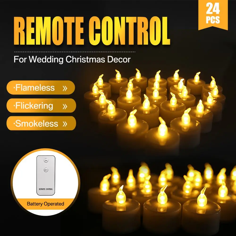 

Yeahmart New 24Pcs Flickering LED Tealights Remote Control Battery Powered Candles For Home Party Christmas Decoration Flameless