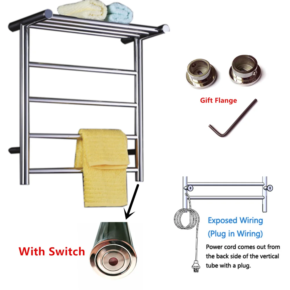 Электрический Полотенцесушитель настенный из нержавеющей стали 304 Полотенцесушитель Аксессуары для ванной комнаты полотенцесушитель TW-RD15 - Цвет: Plug and Switch
