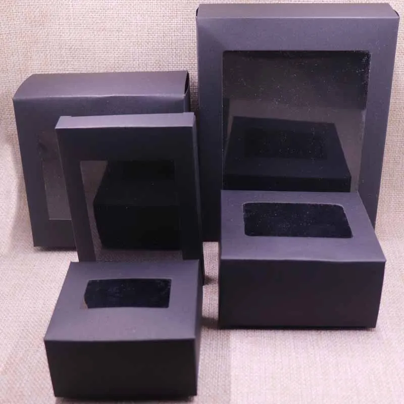

10 Pcs DIY Vintage Kraft Black paper gift box package with clear pvc window candy favors arts&krafts display packaging box
