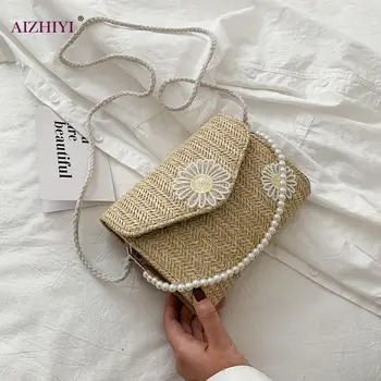 

Women Lace Flower Shoulder Bag Straw Woven Pearl Small Beach Totes Handbags Straw Fashion Cross Female bag
