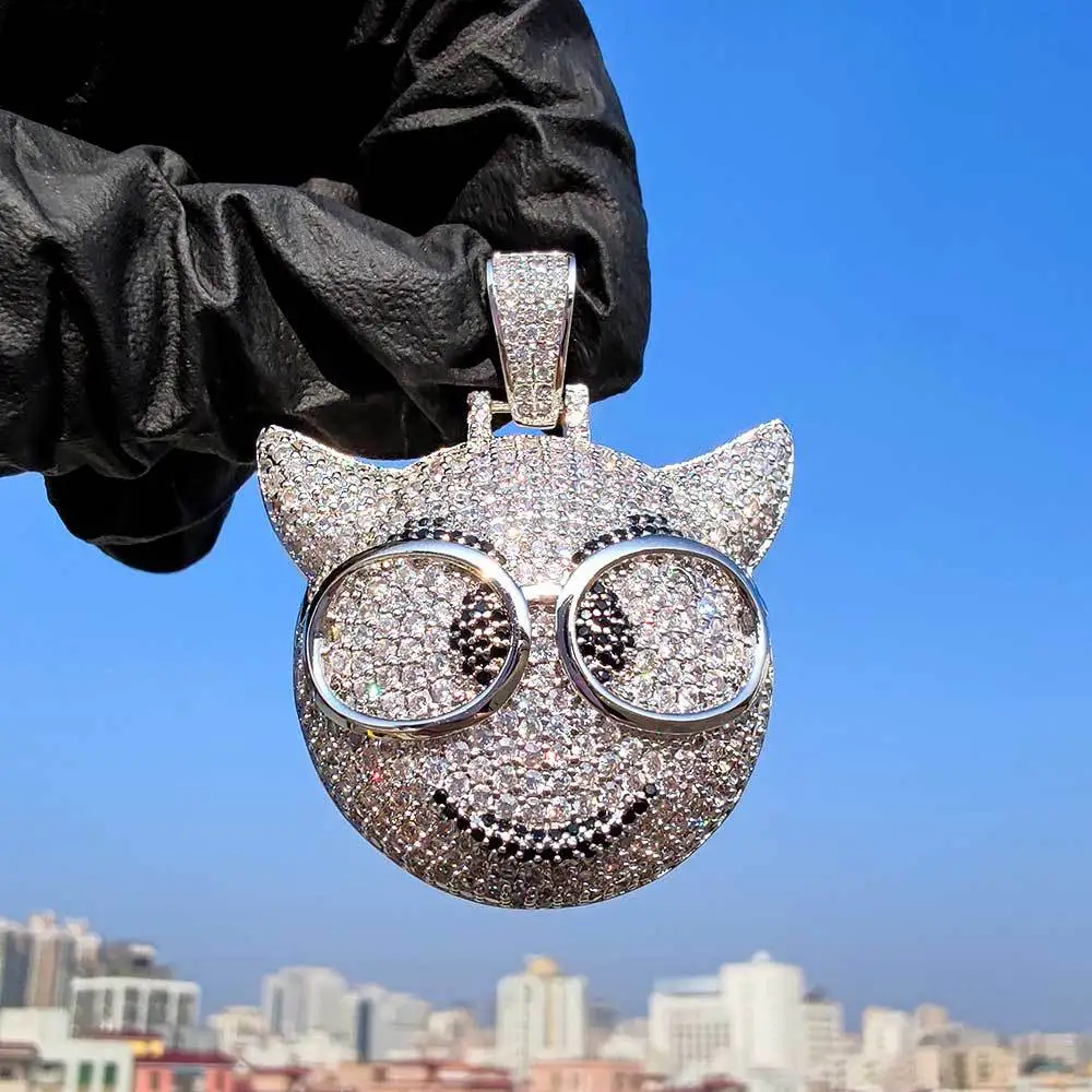 Iced Out Glasses Demon Pendant Necklace with 4mm Tennis Chain Gold Silver Color Bling Cubic Zircon Men's Hip Hop Jewelry for Kid |