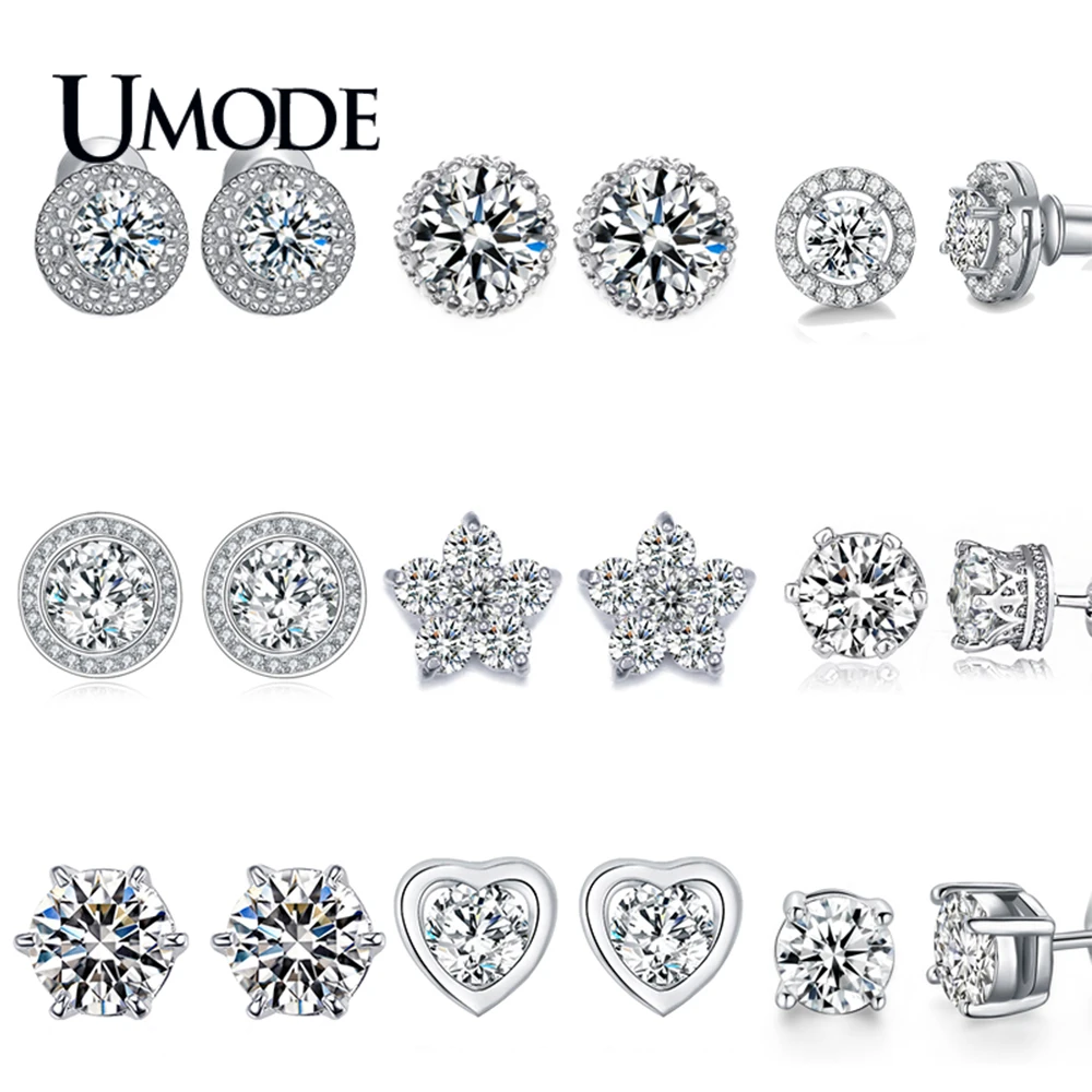 

UMODE Fashion Korean AAA+ Clear Cubic Zirconia Small Stud Earrings for Women Flower Heart Round Star Waterdrop Jewelry UE0012X