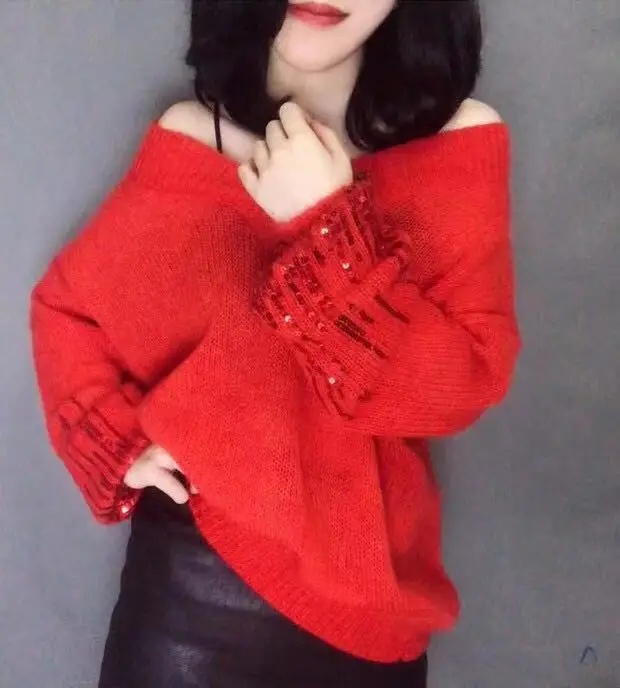 Расшитый блестками фонарь рукав пуловер из мохера женские вязаные свитера длинный рукав свободный v-образный вырез сексуальный женский свитер Femme пальто s674