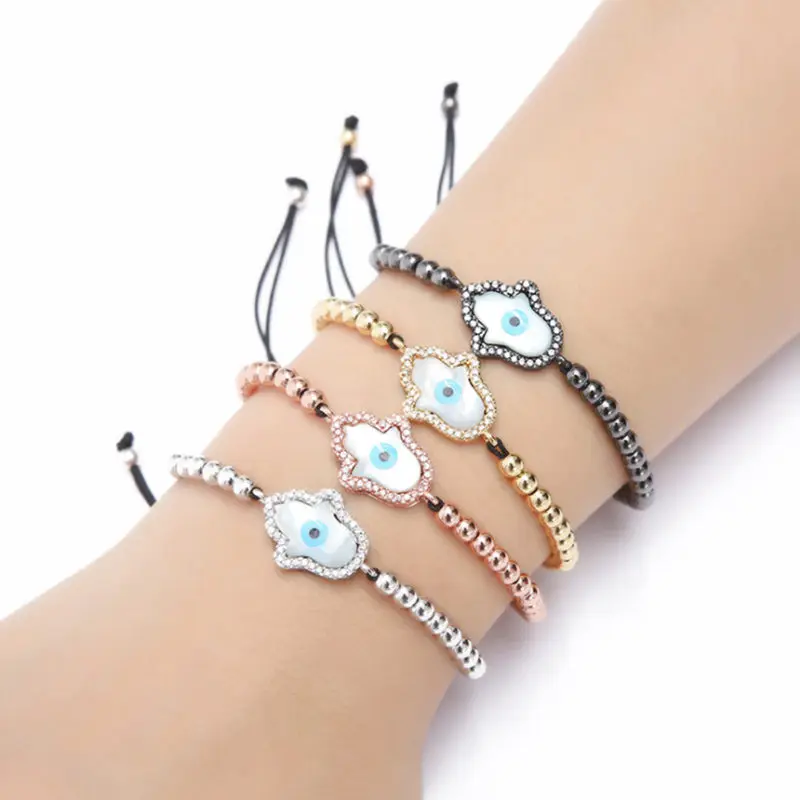 10 шт./лот 4 мм латунь бисера ручной работы перламутр оболочки Фатима хамса черный Регулируемый браслет из веревки Модные украшения