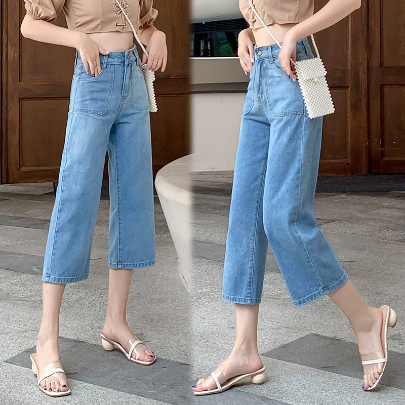 

Jeans Women Summer High Waist Pockets Calf-length Pants Wide Leg Pantalones Mom Jeans Shorts Denim Pants Blue Woman Flare Jeans