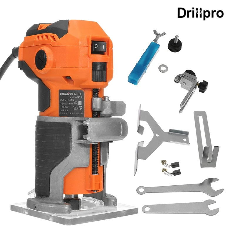 1200W Wood Electric Trimmer Electric Laminate Edge Trimmer Engraving Carving Trimming Machine with Woodworking Router Drill Bits