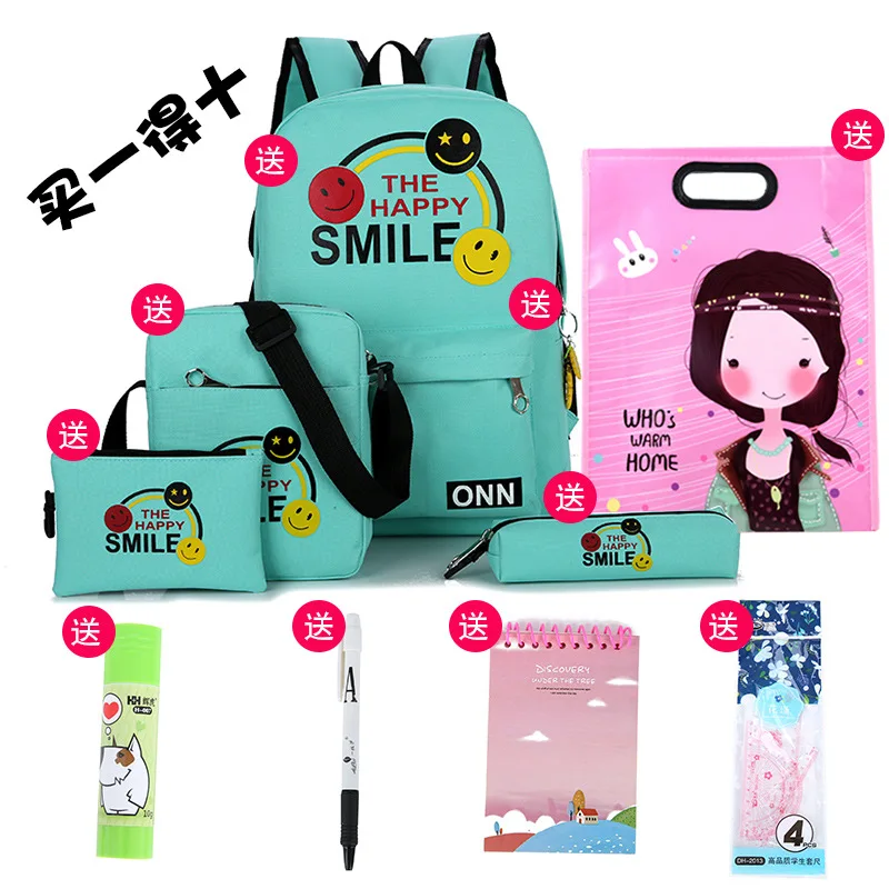 

New Style Casual Pieces Set of School Bag Buy One Get Ten Japanese Korean Cool GIRL'S Medium-sized Young STUDENT'S Backpack