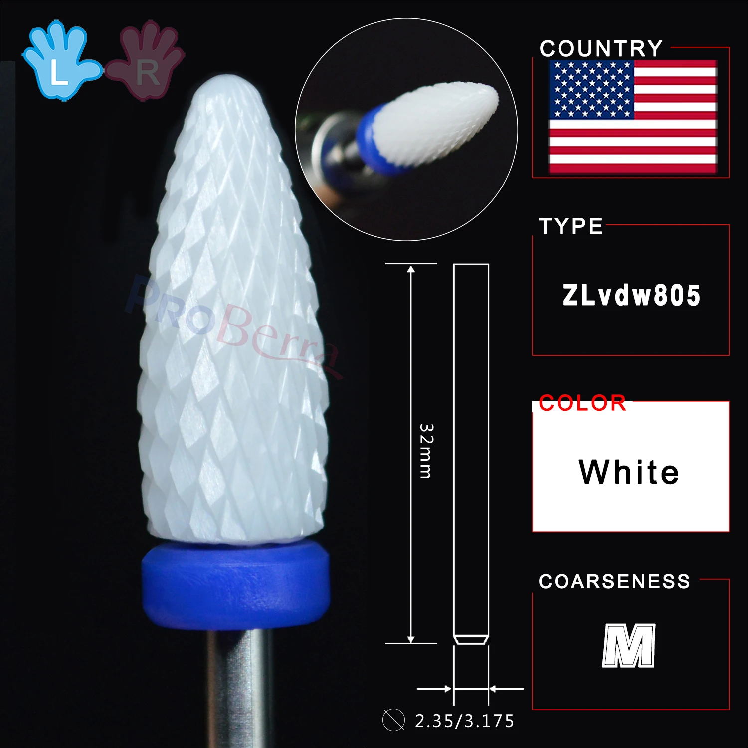 RolinStar White Ceramic Left Handed Person Flame Bit designated milling cutters removel gel polish varnish Nail Drill Bit 3
