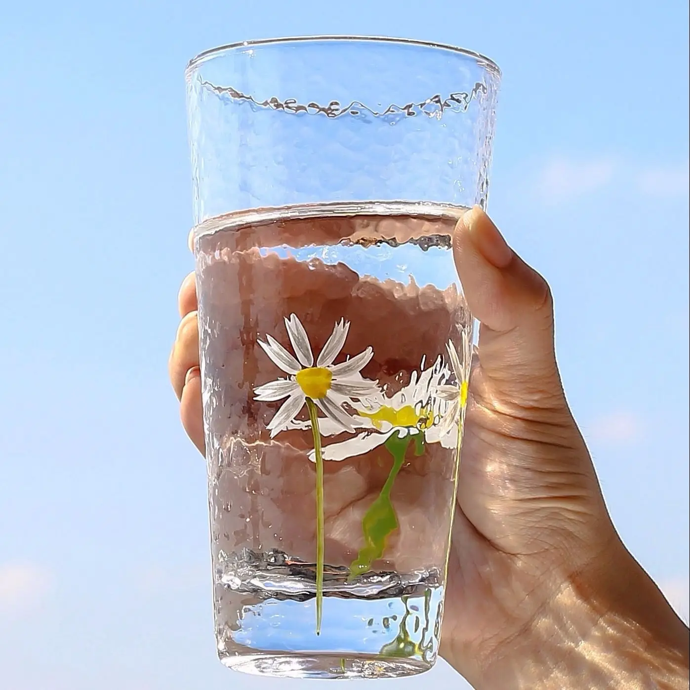 

2pcs Glass Mug Juice Cup Household Summer Dessert Drinking Glass with Daisy Flower Pattern Champagne Drinkware