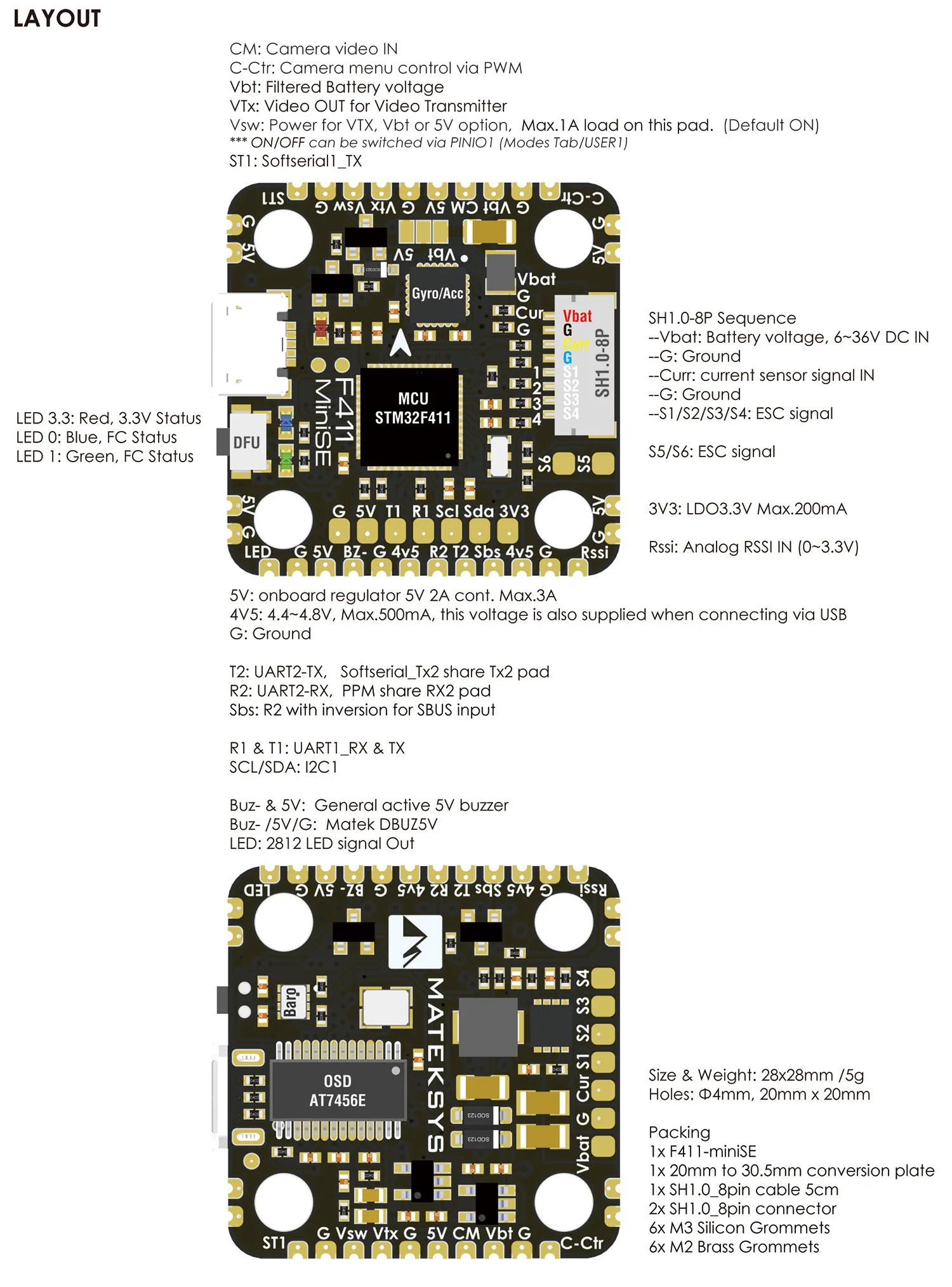 MATEKSYS Matek F411 мини F411-MINI SE контроллера полета OSD 5 V/2A MPU6000 2~ 8S VTX Powre 30,5 мм/20 мм для RC FPV Дрон RC самолет