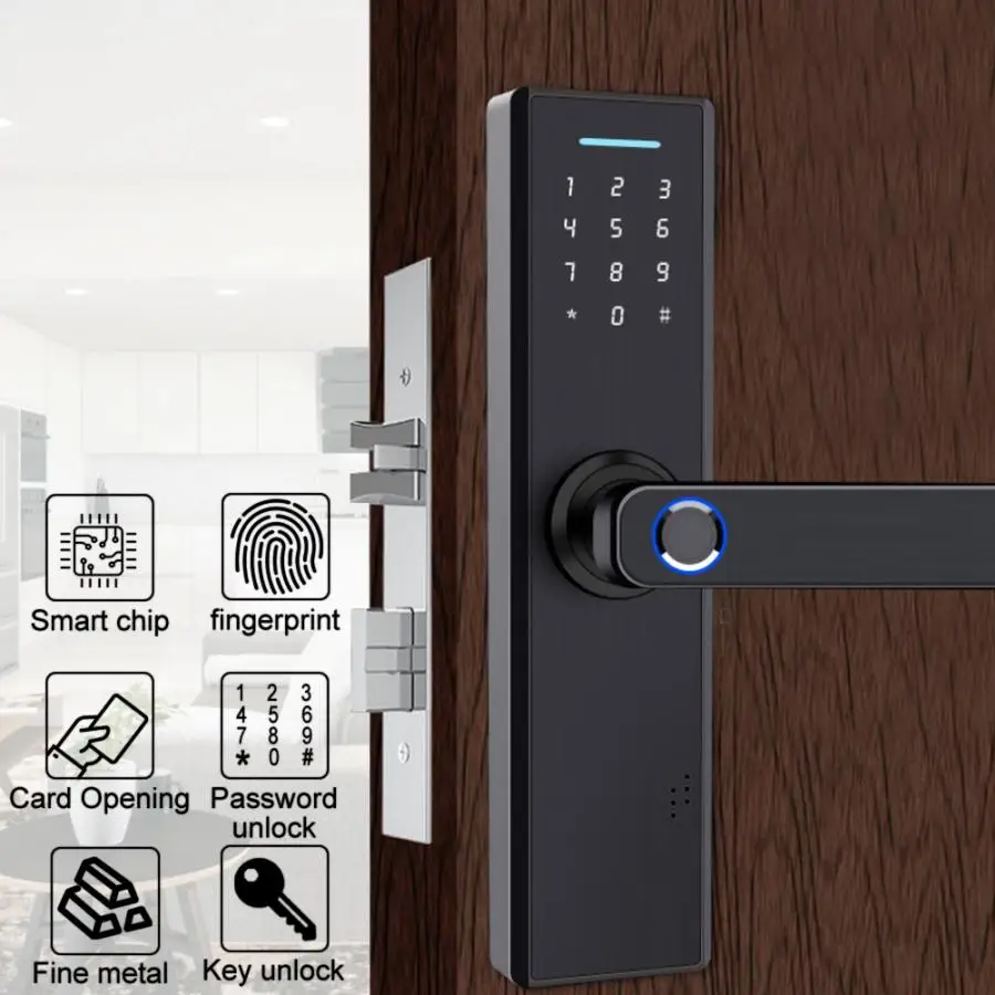 

serrure de porte Fingerprint&Card&Password&Key Anti-Theft 2-Tough Electronic Home Security Smart Door Lock Black door handle