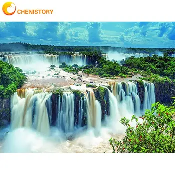 

CHENISTORY Oil Paints By Numbers For Adults Green Tree Waterfall Landscape Painting By Number Kits Acrylic Pigment Linen Canvas