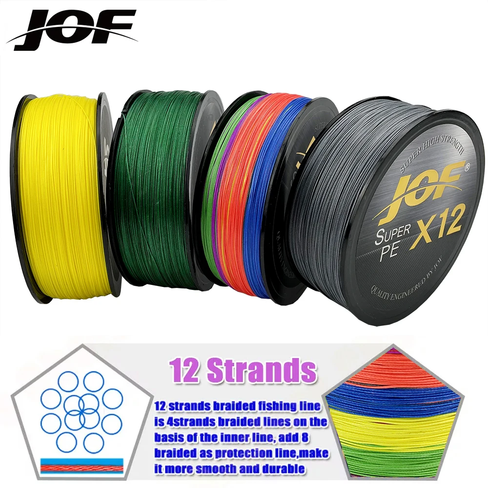 JOF 12 Strands Braid PE Fishing Line 300M 500M 100M Strong Abrasion Resistance Multifilament Fishing Line 3