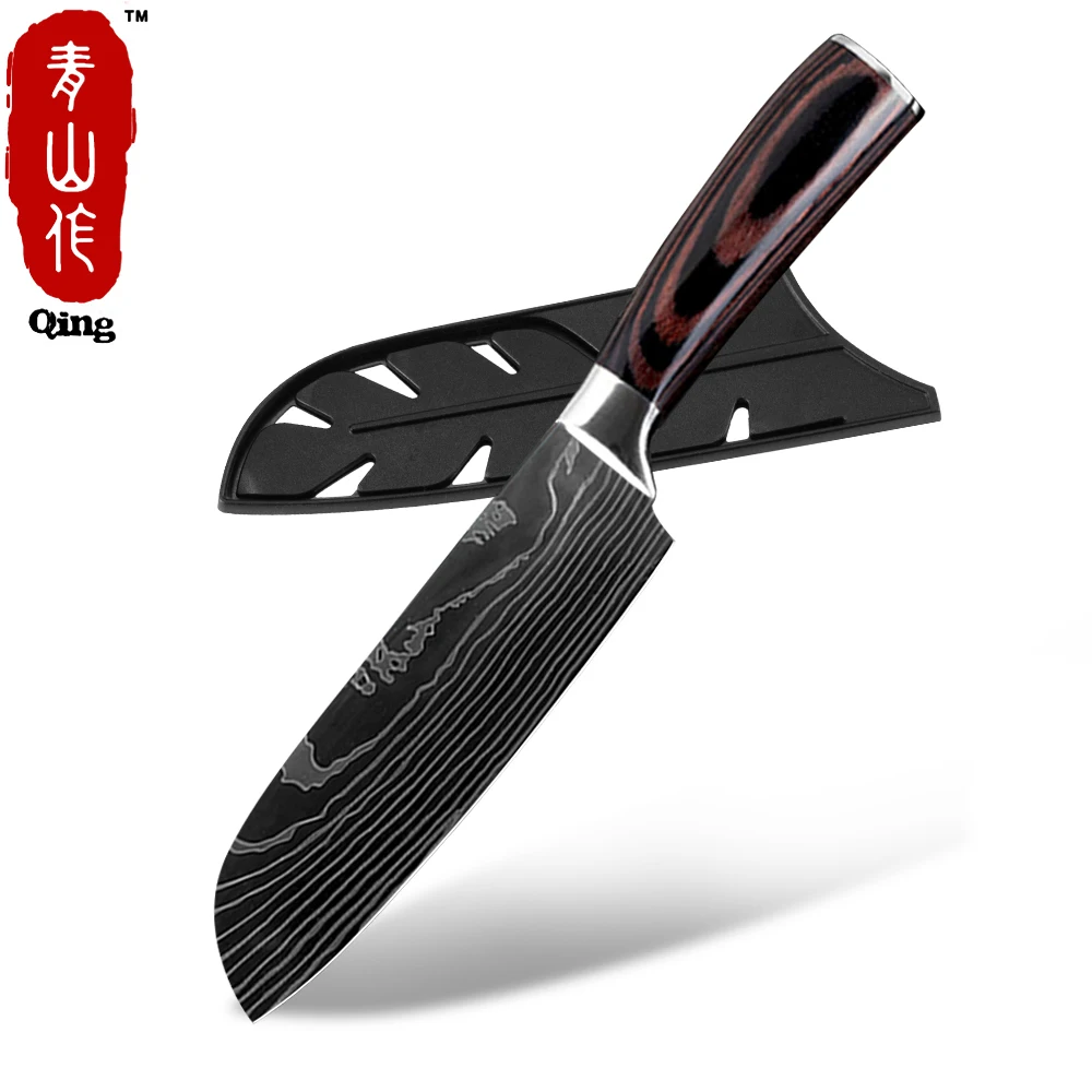 Qing Quality Chef Knife 7CR17 High Carbon Stainless Steel Japanese Series Damascus Laser Pattern 8" 7" 5" 3.5" Kitchen Knife - Color: 7 santoku knife