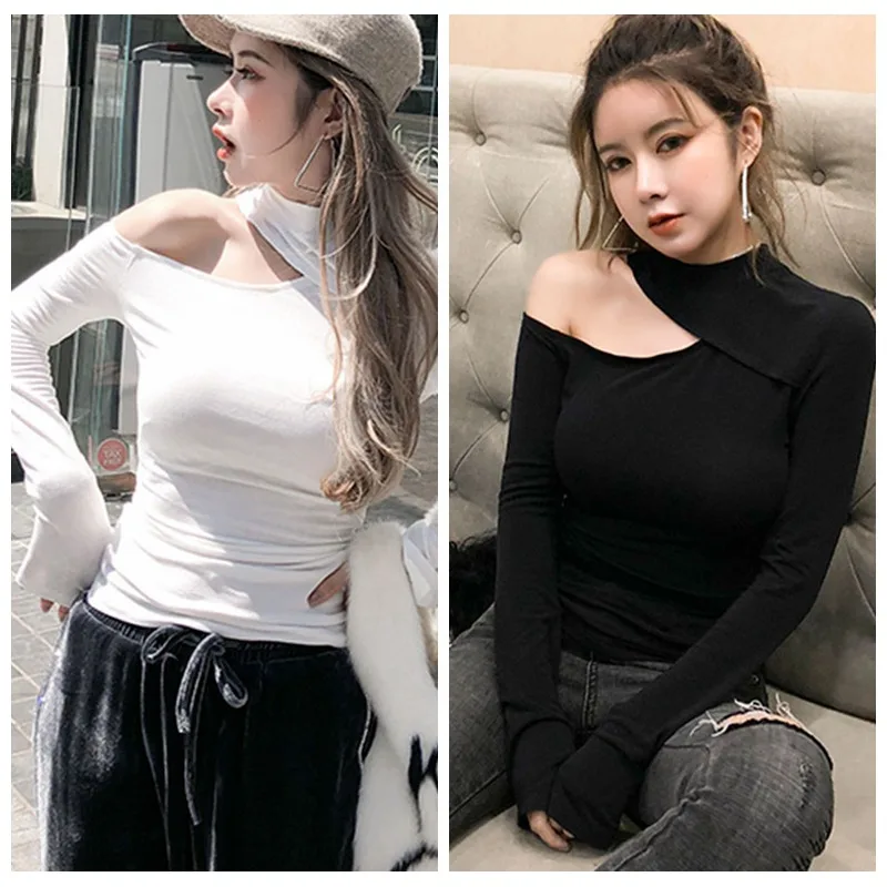 

Black T Shirt Women Cut Out Shoulder Letter Tape Fitted Tee Shirt Autumn Femme Long Sleeve Tops Tshirt