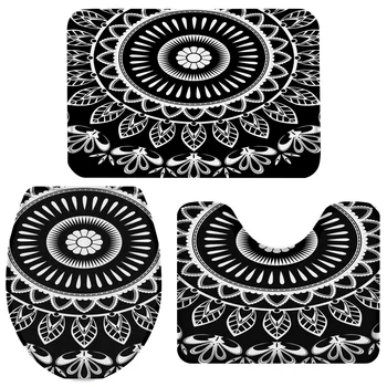

3 Pieces Bathroom Set Mandala Datura Buddhism Ethnic Bath Set Toilet Cover Mat Pedestal Rug Non-Slip Bathroom Rug Set