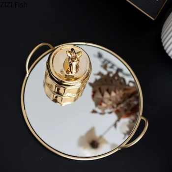 

Europe Gold Metal Mirror Tray Iron Jewelry Display Serving Platter Desktop Makeup Organizer Storage Trays Home Party Decor