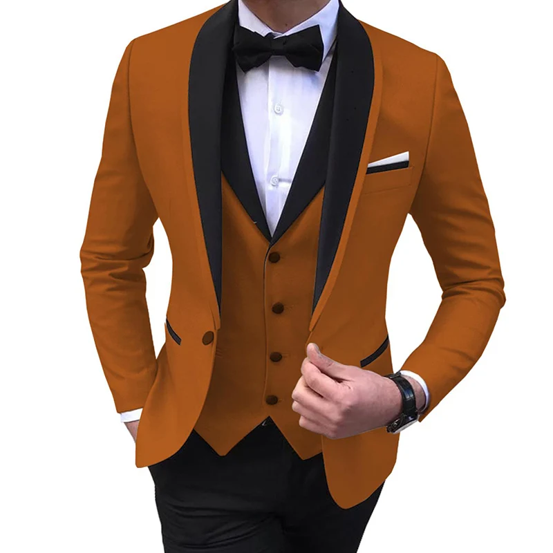 Blue Slit Mens Suits 3 Piece Black Shawl Lapel Casual Tuxedos for Wedding Groomsmen Suits Men 2020 (Blazer+Vest+Pant)