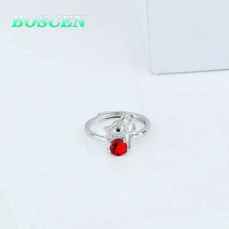 BOSCEN 925 пробы Серебряное кольцо для женщин подарок на день рождения драгоценный камень мышь Рубиновый Красный Регулируемый простой темперамент роскошный романтический