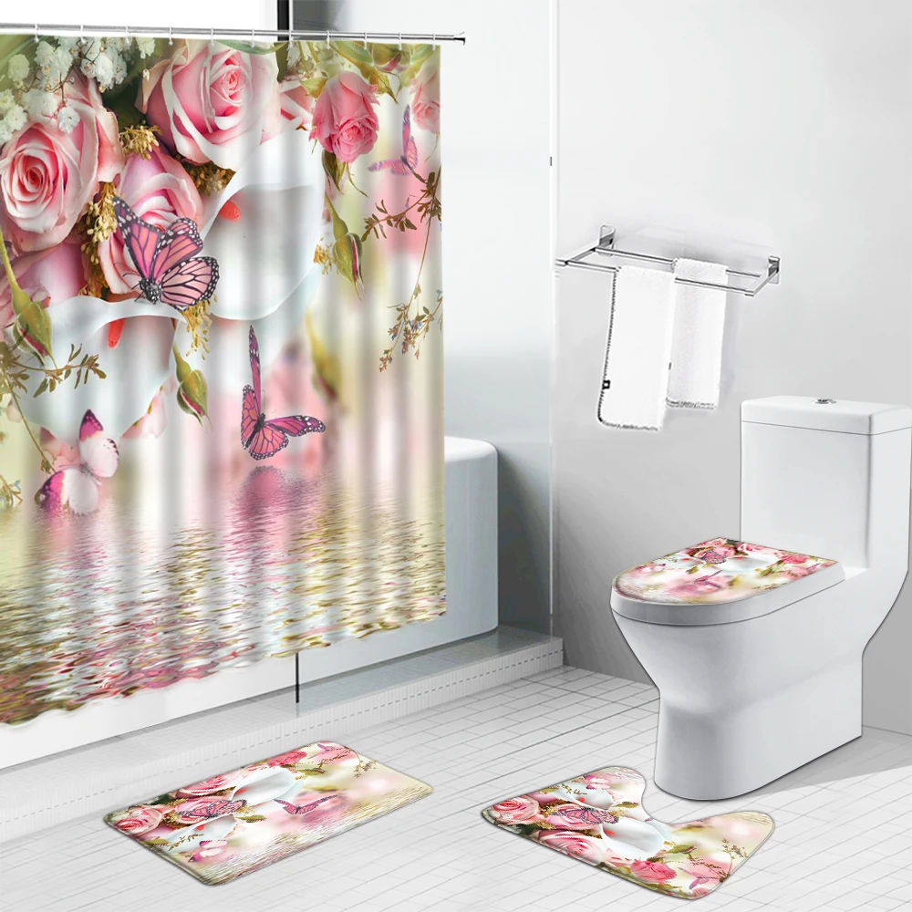 

Pink Flower Butterfly Scenery Shower Curtains Tulip Rose Dandelion Floral Bathroom Decor Non-Slip Toilet Cover Carpet Bath Mat