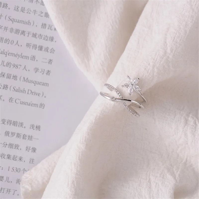 Модные корейские горячие продажи стразы Двойное Кольцо Цветок кольца Кристальные кольца элегантные женские открывающиеся кольца подарок