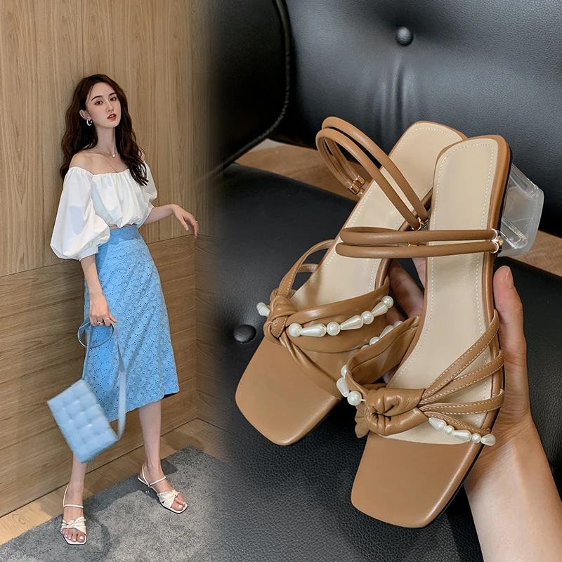 

2020 summer new retro pearl edging crystal with sandals fashion wild leather thick with two wear sandals and slippers Z937