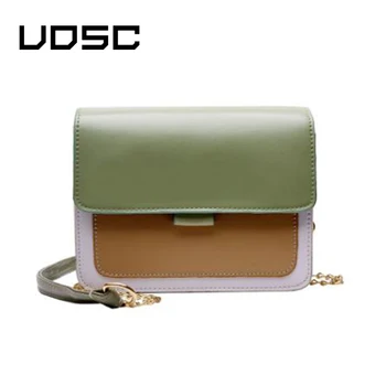

UOSC Contrast Color Leather Crossbody Bags For Women Mini Leather Crossbody Bags 2019 Green Chain Shoulder Messenger Bag