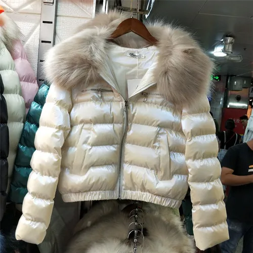Apricot Короткое зимнее пальто для женщин зимнее Новое приталенное пальто с большим воротником из искусственного меха с яркой лицевой подкладкой женское Стеганое пальто парка - Цвет: Apricot