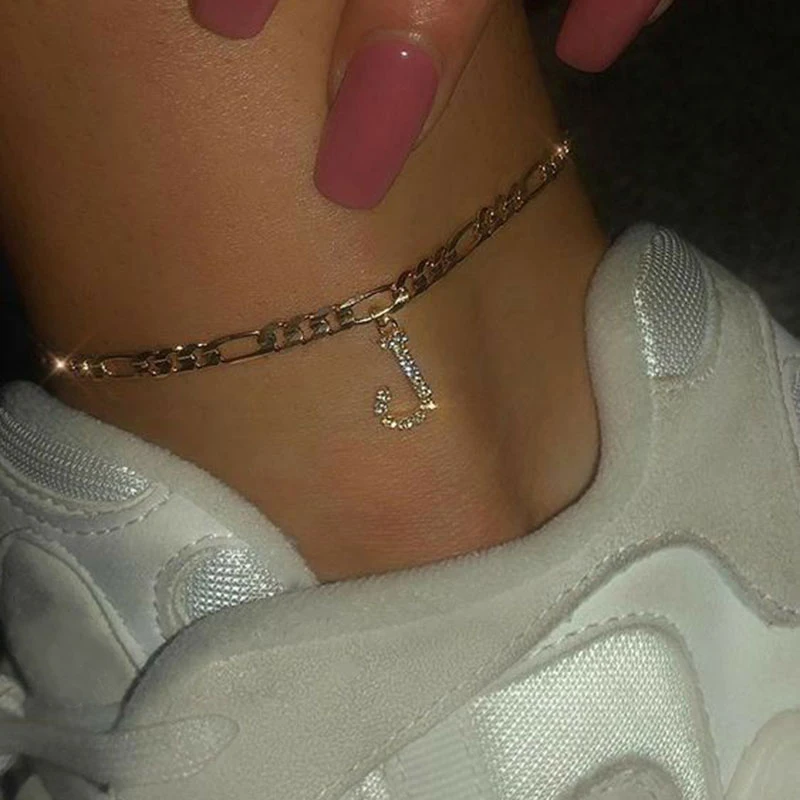

A-Z Initial Letter Anklet For Men Women Figaro Chain Punk Sparkling Zirconia Alphabet Charm Foot Bracelet Glamour Jewelry Gifts