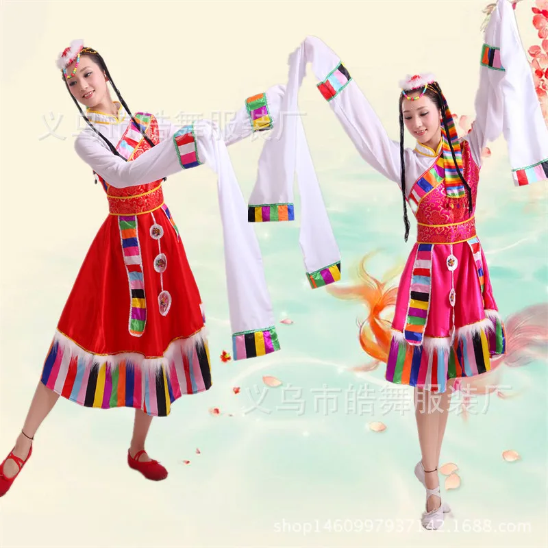

2016 New Style Tibetan Dance Performance Clothing Tibetan Robe Tibet Dance Clothes Long White Silk Sleeves Performance Clothing