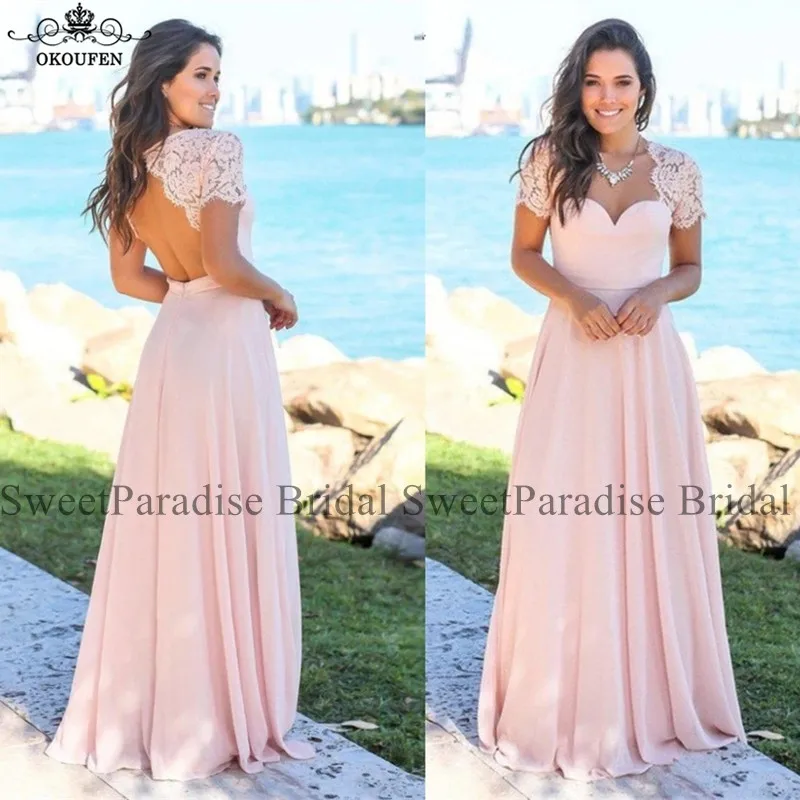 

Maxi Light Pink Long Bridesmaid Dresses With Capped Sleeves Open Back Chiffon and Lace Prom Wedding Guest Dress For Women
