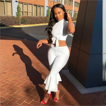 

White Two Piece Set Women 2020 Summer Outfits Short Sleeve Bow Tie Up Top and Cropped Flare Pants Suit Fashion Sexy Women Sets