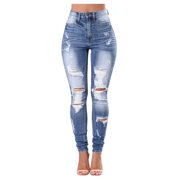 

2020 Summer Fashion Women's High Waist Hole Jeans Button Pants Trousers Bell-bottom Pants Jeans Mujer Cintura Alta