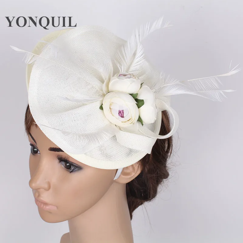 Бежевый Elegant women wedding fascinator hat headband with flower hair accessories formal cocktail race fedora hat hair pin with feather - Цвет: Бежевый