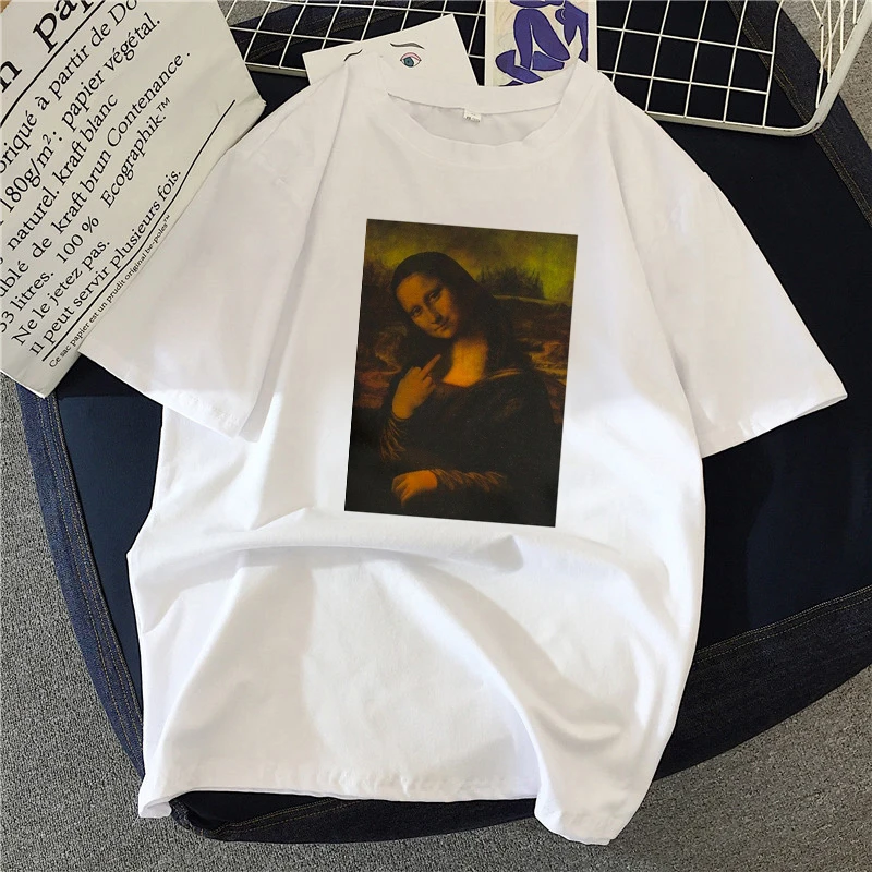 Graphic tees tops Mona Lisa prank tshirts women funny t shirt white Tops casual short Camisetas Mujer_T-Shirt