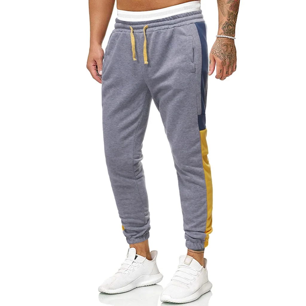 

feitong Men Sport Pants Sweatpants Trousers Casual Slim Patchwork Drawstring Elastic Waist Long Tracksuit Men Trousers Sweatpant