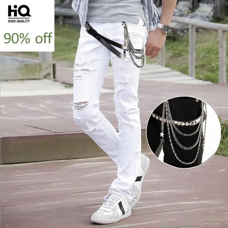 

Personality Rivet Chain Belt Nightclue Wear Mens Denim Pants Punk Style Hole Ripped Full Length Slim Fit Male Pencil Trousers