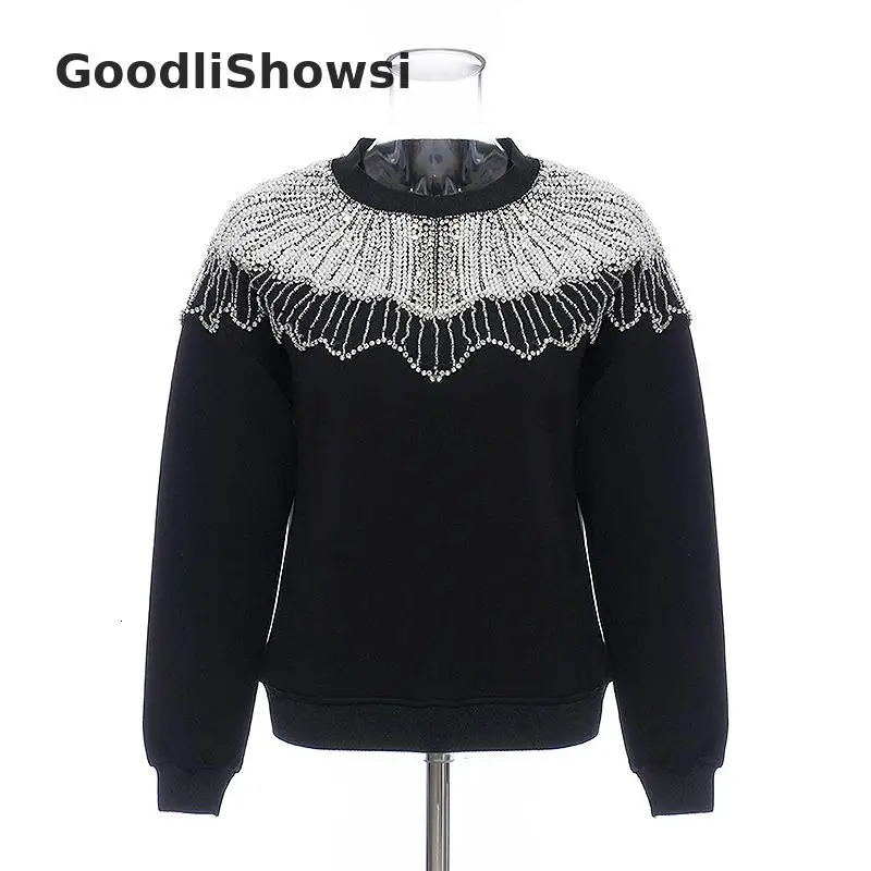 GoodliShowsi, Зимняя мода, женская толстовка, бриллианты, бисероплетение, пэчворк, с круглым вырезом, повседневные свободные пуловеры, черный джемпер, топы