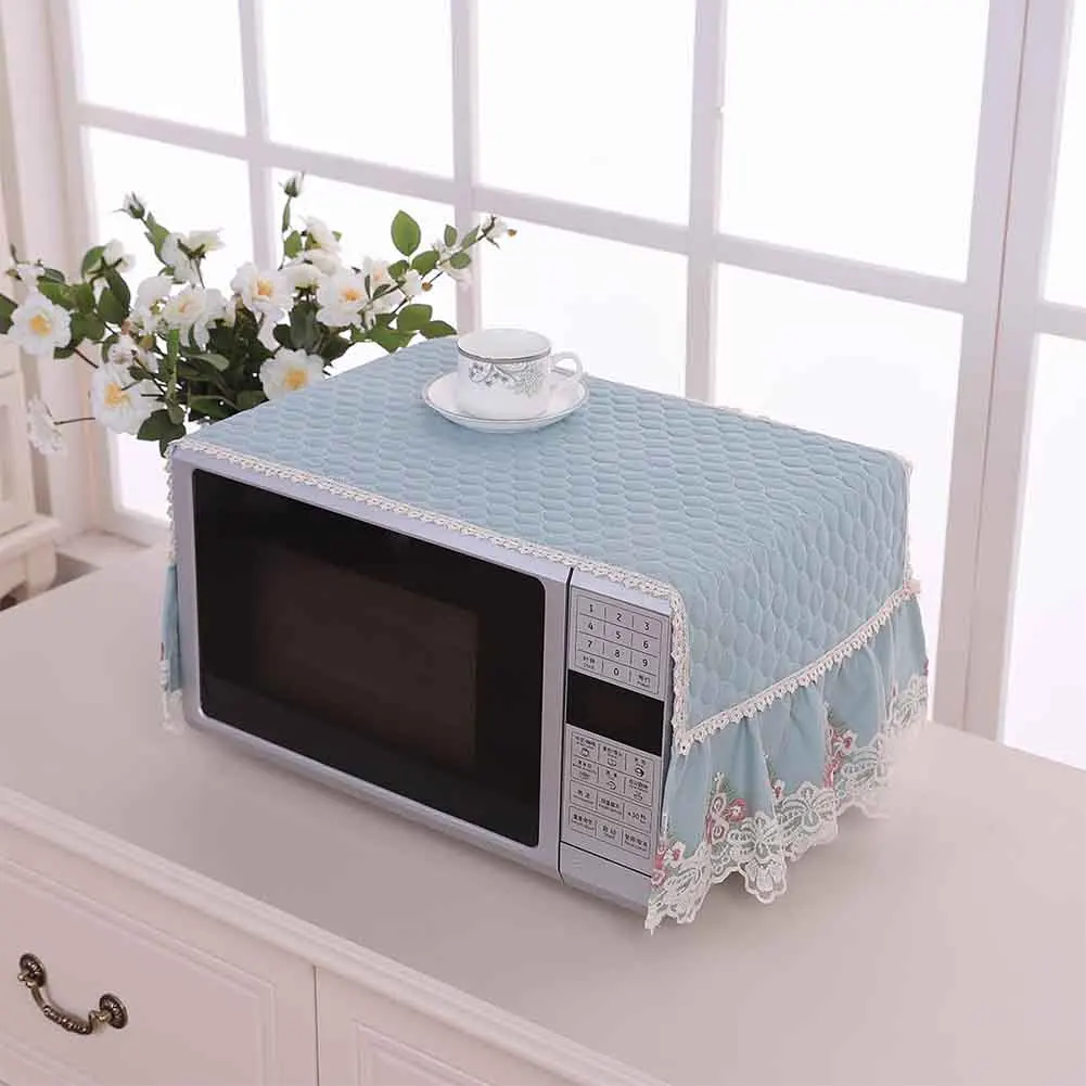 Синий Dust Proof Home Decoration Dining Thickened Lace Embroidery Hood Protection Anti Oil Modern Accessories Microwave Oven Cover - Цвет: Синий