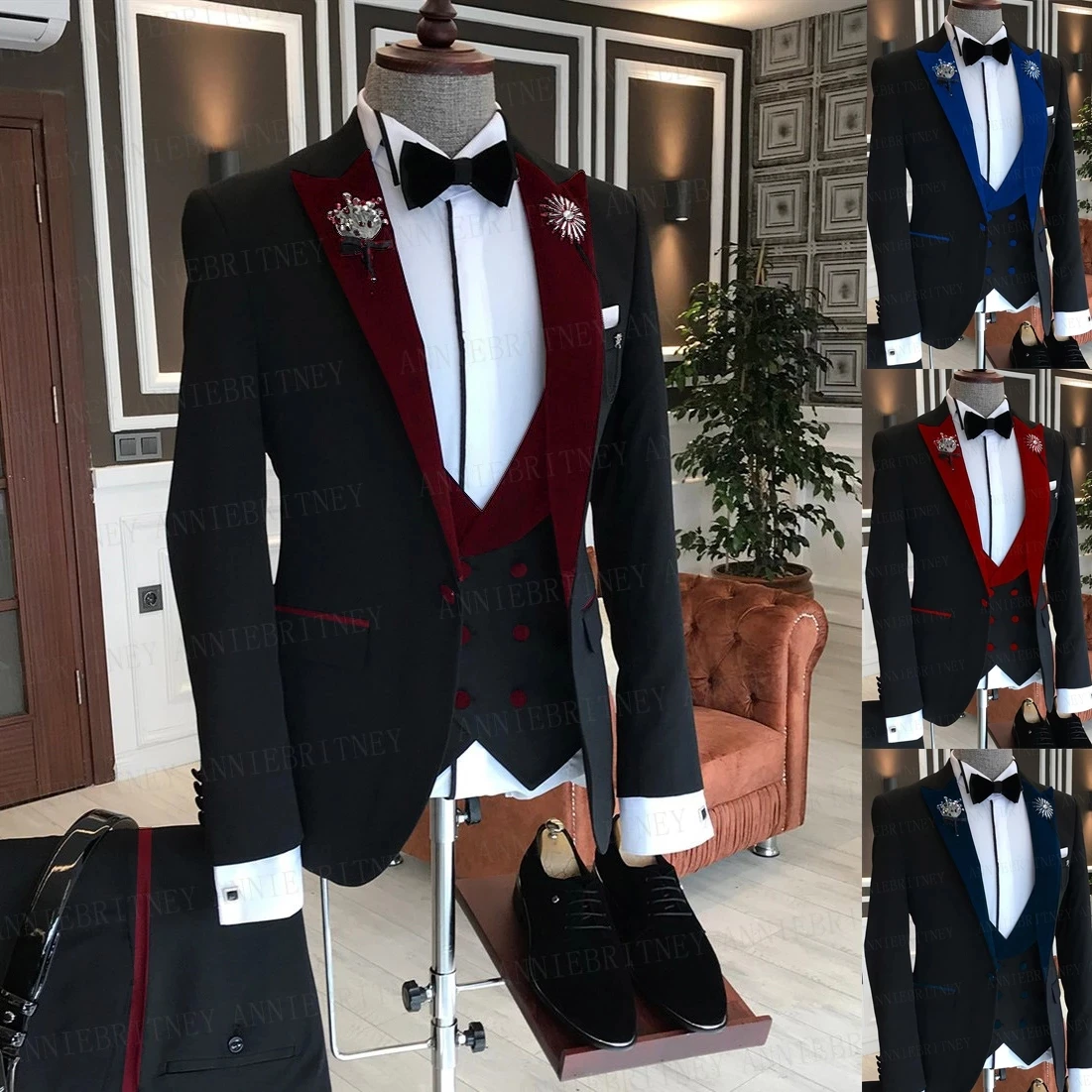 

Mens Velvet Peak Lapel Suit for 2021 Wedding Custom Made Black Smoking Tuxedo Jacket 3 Piece Set Groom Terno Suits For Men