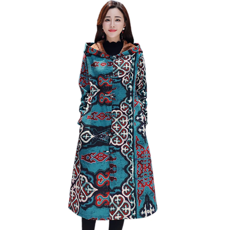 

2019 NEW Autumn Winter Retro Buckle National Wind Print long Windbreaker Jacket Women Cotton Linen Velvet Thick Hooded Overcoat