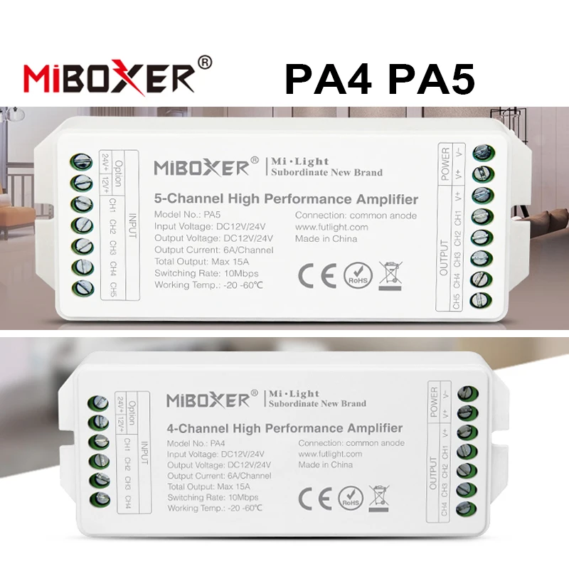 

Miboxer PA4 4-Channel PA5 5-Channel High Speed Performance LED Strip Amplifier RGBW LED Controller 12V-24V Strong Compatibility