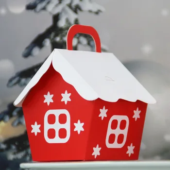 

Christmas Red House Shape Candy Box With Handle Gift Boxes Paper Cookies Snack Packaging Boxes Xmas Party Decoration